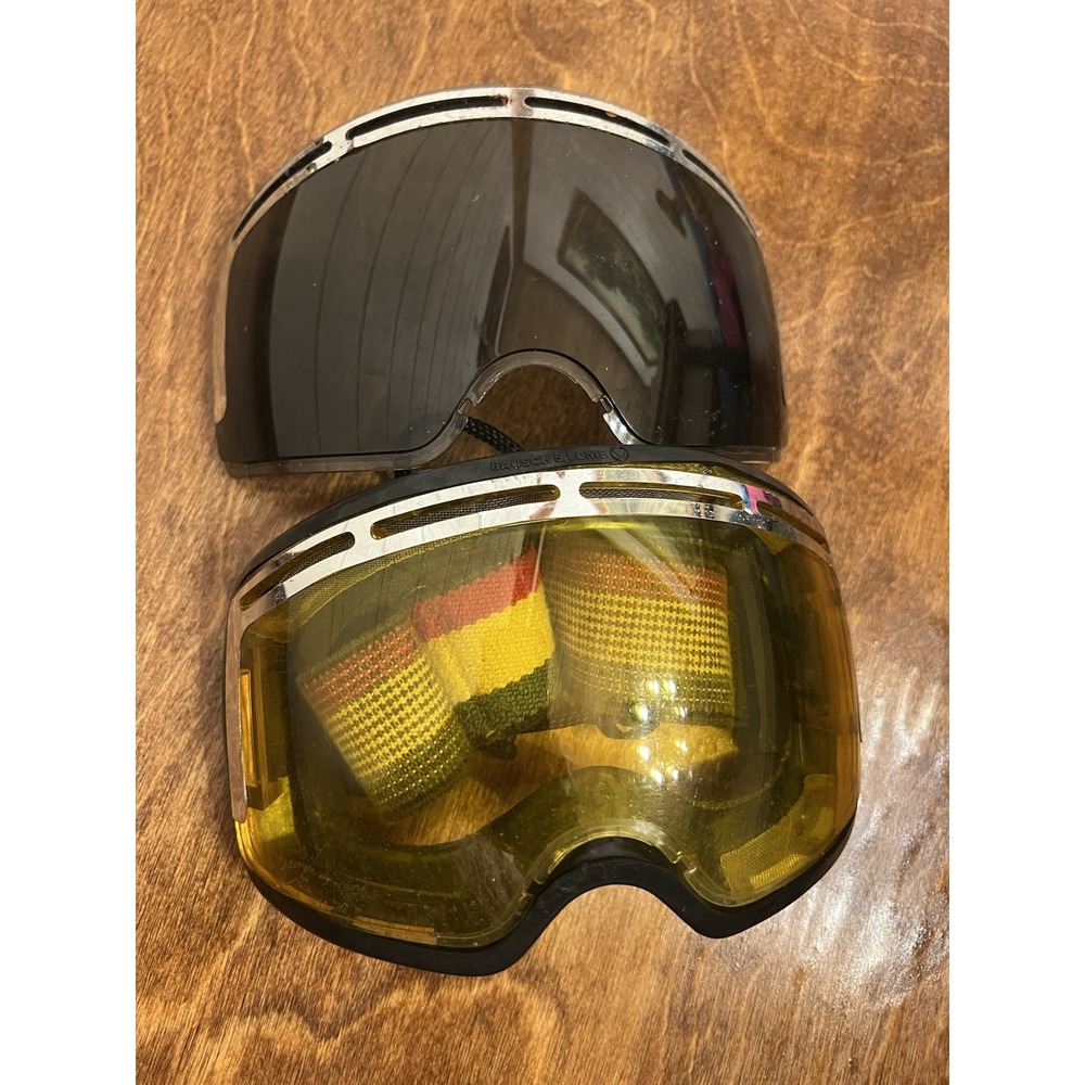 VINTAGE SKI MASKS GOGGLES BAUSCH & LOMB BLACK & AMBER LENS USA COLORED BAND BAG
